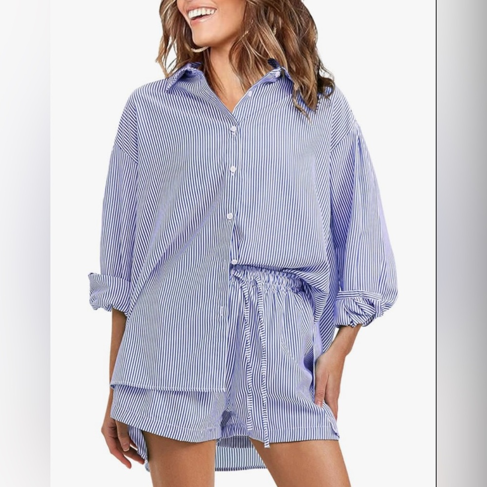 Striped Blue Button-Up Shirt and Shorts Pajama Set